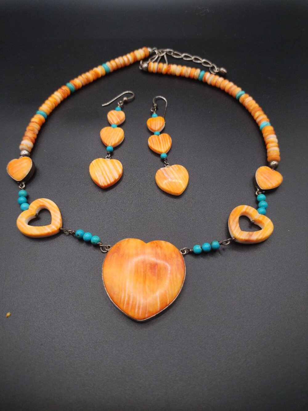 Jay King Andean Turquoise Orange Spiny Oyster Shell Heart Necklace earrings set,